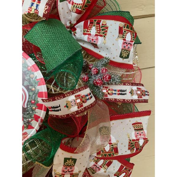 Nutcracker Christmas Deco Mesh Wreath • Red Green Holiday Door Decor - Picture 5 of 5